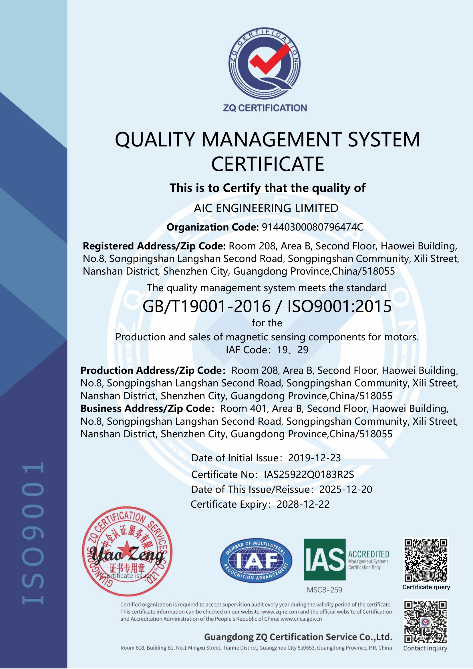 Quality Management System Certificate