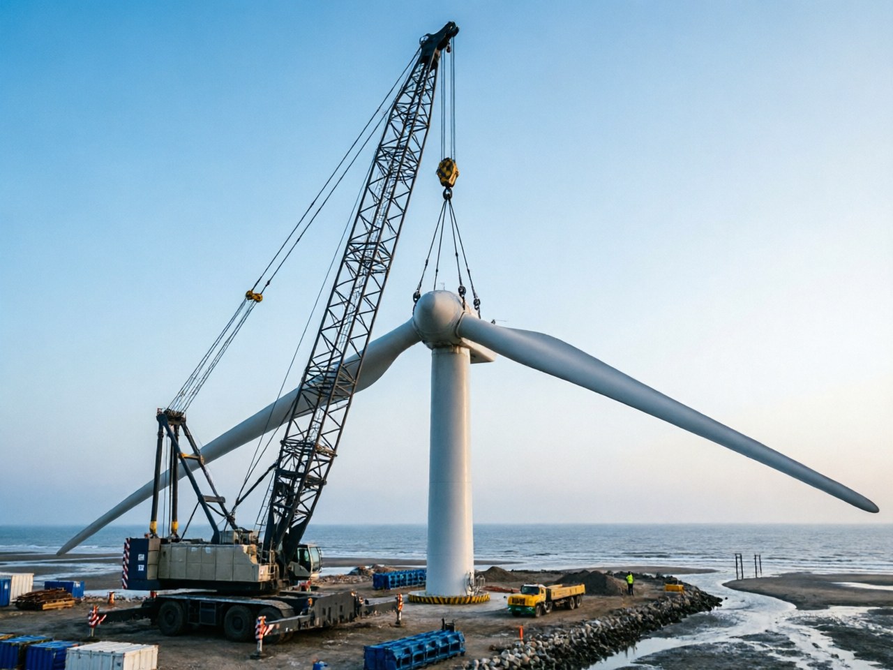 Blades 502 feet long turn on the world's biggest 26 MW turbine at a test base in Shandong, and the circle they sweep covers 829,000 square feet, about 14 American football fields / 山东测试基地全球最大26兆瓦风机叶片长达502英尺，扫风面积覆盖82.9万平方英尺，约14个美式足球场